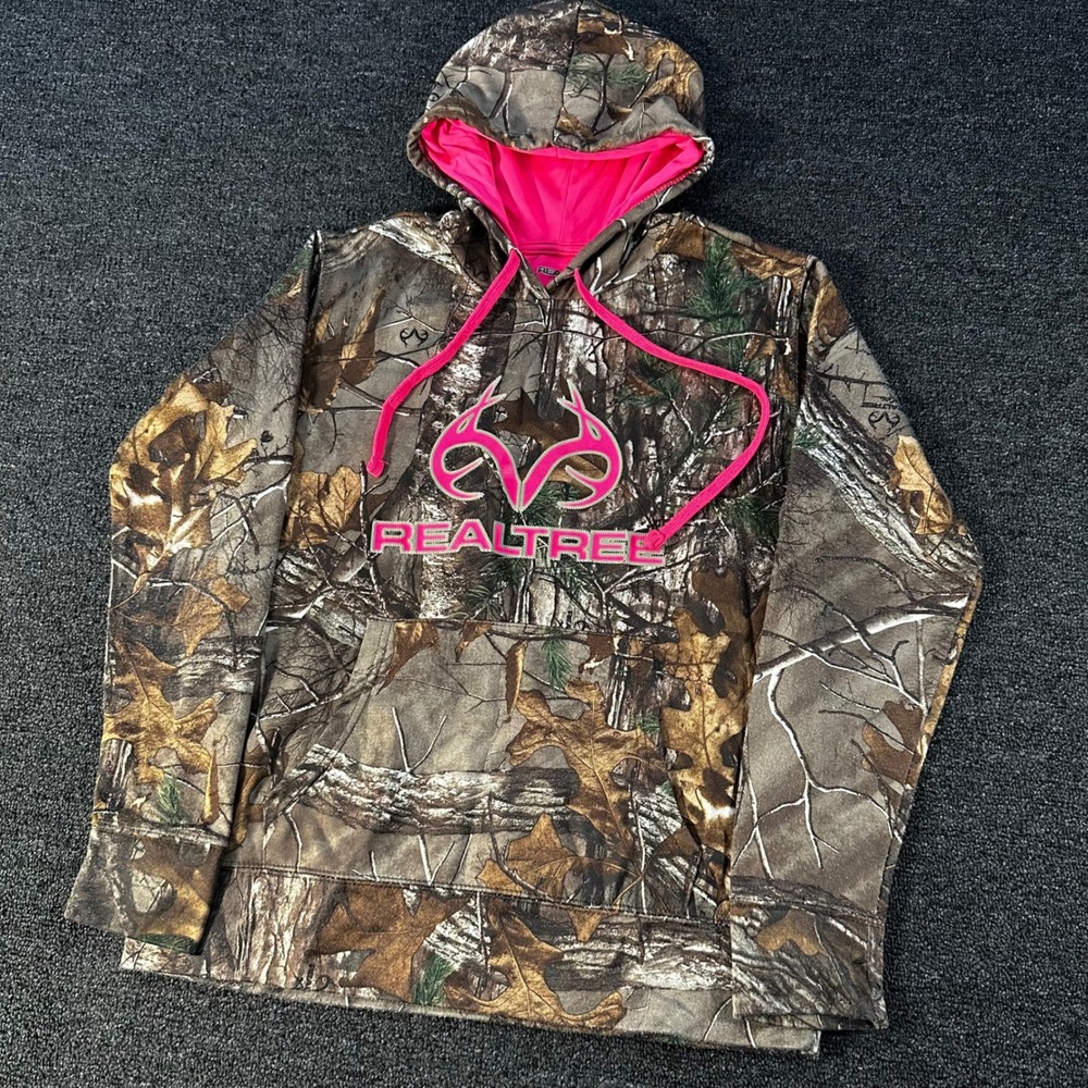 Realtree Hoodie Womens Small S Brown Pink Good Camo Pullover Logo Performance